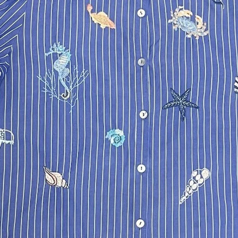 Johnny Was Workshop Striped Blue Embroidered Seashells Ocean Shirt XS Blouse